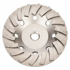 This double-row diamond segment cup grinding wheel is designed for aggressive surface preparation on concrete, stone, and masonry. It removes coatings, levels high spots, and smooths surfaces. The wheel has a 7" diameter, 5/8"-11 arbor, and 24 diamond segments.