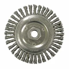 Stainless steel wire wheel brush designed for cleaning stringer beads on stainless steel welds. Removes slag, discoloration, and oxidation without contaminating the weld surface. Suitable for use with standard angle grinders in metalworking and fabrication applications.