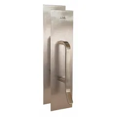 This TRIMCO door pull is constructed from copper alloy with a gray finish, measuring 4 inches wide by 16 inches high. Designed as a hand pull for doors, it is suitable for high-traffic areas where reducing surface contamination is a consideration. The copper alloy material provides natural antimicrobial properties.