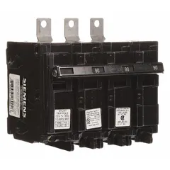 This three-pole bolt-on miniature circuit breaker is rated 90 A at 120/240V AC and features a shunt trip for remote disconnection. It provides overcurrent protection in commercial and industrial power distribution systems and is designed for use with Siemens P1 panelboards. The unit has a maximum AIR rating of 22kA at 240V AC.
