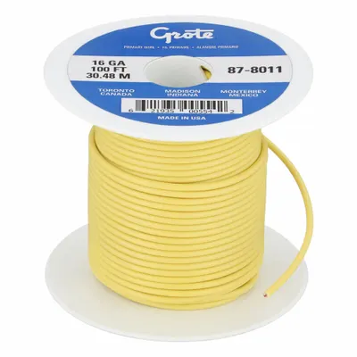 GROTE Primary Automotive Wire: GPT, 100 ft, 1 Conductor, 16 AWG, Yellow, 60 V Volt - PVC-Insulated General Purpose Primary Wires