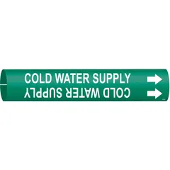 Snap-on pipe marker for identifying cold water supply lines. Green background with white legend text and directional arrows. Fits pipe outer diameters from 1-1/2 to 2-3/8 inches. Supplied as a single marker.