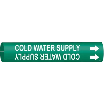 BRADY Pipe Marker: Cold Water Supply, Green, White, Fits 1 1/2 to 2 3/8 in Pipe O.D. - Cold Water Supply Snap-On Pipe Markers
