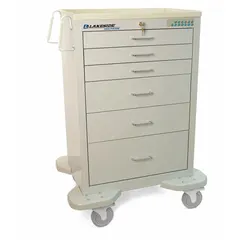 Steel medical procedure cart with six gray drawers and a gray cabinet. Caster configuration includes two swivel and two swivel with brake casters. Designed for organizing and transporting medical supplies and instruments in healthcare settings.