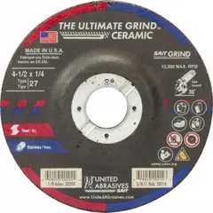 Cool-cutting grinding wheel for carbon and stainless steel. Type 27 shape, 4-1/2" diameter, 1/4" thickness, 7/8" arbor hole. Ceramic abrasive, 24 grit. Part of the Ultimate Grind Ceramic series. Used in fabrication, metalworking, and maintenance for efficient material removal with reduced heat buildup.