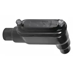 LB-style conduit outlet body with 3 1/2 in trade size, 2 hubs, and 218 cu in body capacity. Constructed of steel with a PVC-coated black finish for corrosion resistance. Provides a pull point and access for wire pulling in rigid metal conduit runs, allowing a 90-degree turn with a removable cover for splicing or maintenance.