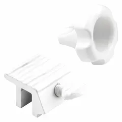 This white painted sash window lock is designed for sliding windows. It mounts on the sash and includes a handle for operation. The non-handed design allows installation on either left or right sliding windows. Overall length is 1 31/32 in.