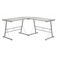 This L-shaped desk features a clear glass desktop and a silver metal frame. With an overall width of 83 1/2 inches, it provides a spacious work surface suitable for computer setups, paperwork, and meetings. The desk includes no drawers or pedestals and does not come with a modesty panel