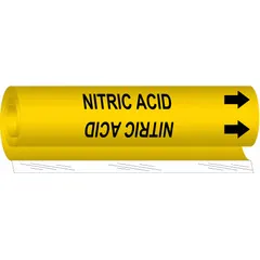 This wrap-around pipe marker identifies lines carrying nitric acid. It features a yellow background with black legend and directional arrows, fitting pipe outer diameters from 1/2 to 1-3/8 inches. Suitable for industrial piping systems requiring clear hazard identification.