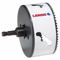 This bi-metal hole saw with attached arbor cuts through metal, wood, and plastic. It features 4/5 teeth per inch and a maximum cutting depth of 1 7/8 inches, suitable for creating clean openings in industrial maintenance, electrical, and plumbing applications.