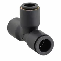 This push-fit tee fitting is made of polymer and nickel-plated brass, in black color. It has an overall length of 71 mm and accommodates tube sizes of 8 mm OD x 8 mm OD x 14 mm OD. Used to branch or combine pneumatic or fluid lines in industrial automation, packaging, and material handling systems