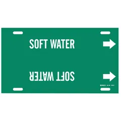 Green strap-on pipe marker with white legend reading "Soft Water." Fits pipe outer diameters from 6 to 7-7/8 inches. Includes directional arrows. Used to identify pipes carrying treated water in industrial and commercial piping systems.