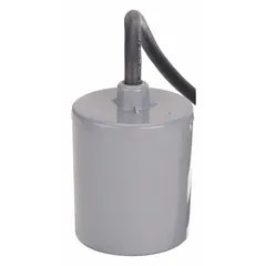 This general-purpose tether float switch is configured as normally open for pump-down operation. It operates at 120/230V AC with a 20 A rating and features a 2-wire electrical connection. A pipe clamp is required for mounting. Suitable for liquid level control in sump, effluent, and sewage applications.