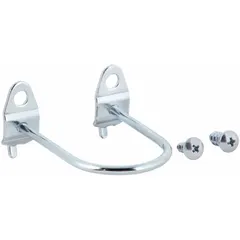 Zinc-plated steel closed U-hook designed for organizing long handled tools on round-hole pegboards with 1 in hole spacing. Features a screw-in locking system and includes screws for surface mounting. Suitable for use in garages, workshops, and tool sheds.