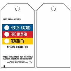 Rectangular safety tag made of 0.01 in thick polyester with self-laminating construction. Includes 25 nylon ties for secure attachment. Used for lockout/tagout and equipment identification in industrial facilities.