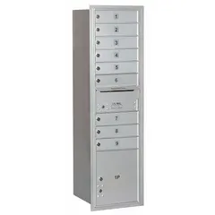 This horizontal multi-unit mailbox features 9 lockable doors and is designed for recessed mounting. It measures 57 1/8 inches in height, 17 inches in width, and 16 1/2 inches in depth. Suitable for centralized mail distribution in multi-tenant buildings such as apartments, offices, or commercial lobbies.