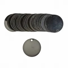 These blank valve tags are made of stainless steel with a silver finish, measuring 1-1/2 inches in diameter and 0.024 inches thick. Supplied in a pack of 25, they are designed for custom marking to identify valves in industrial piping systems, aiding in maintenance and operation.
