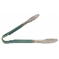 These tongs have a 10 in overall length and a stainless steel blade. The uncoated handle allows use at high temperatures. Green color. NSF Certified for sanitation in foodservice environments.