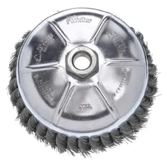 Cup brush with standard twist knot wire bristles for heavy cleaning and surface preparation on contoured carbon steel surfaces. Diameter 4 in, fill diameter 0.014 in, arbor hole 5/8"-11. Used for removing rust, scale, and weld splatter in industrial metalworking.