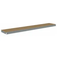 This shelf kit includes four zinc-plated steel beams and an unfinished particleboard deck in gray. Designed for boltless shelving systems, it provides a single straight shelf configuration suitable for organizing parts, tools, or supplies in warehouses and workshops