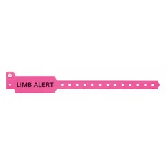 Security wristbands for identification and tracking in settings such as healthcare, events, and correctional facilities. Made of plastic in pink color. Each band measures 10 1/4 inches in length and 1 3/8 inches in width. Supplied in a pack of 500.