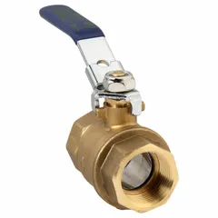 This brass ball valve features a straight, full-port design with FNPT x FNPT connections and a locking lever handle. The integrated drain port allows for system drainage. Suitable for on/off flow control in plumbing and industrial piping systems.