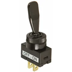 Single-pole single-throw toggle switch with Off/On function. Features a black actuator and stem, two blade terminals, and panel mount style. Suitable for controlling auxiliary circuits in 12V or 24V automotive systems.