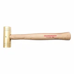 Brass sledge hammer with a 2 lb head and 1-1/2 in diameter striking face. Features a wood handle with plain grip and 13 in overall length. Suitable for striking hardened steel tools or surfaces where non-sparking, non-marring impact is required in maintenance, machining, and assembly applications.