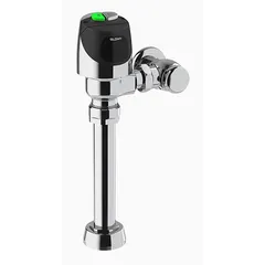 Battery-operated, exposed automatic flush valve for toilets. Top spud location. Selectable 1.1 or 1.28 gallons per flush. Suitable for commercial restroom applications requiring touch-free operation.