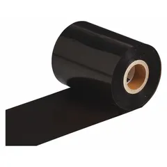 Black resin ribbon from the R6400 series, 3 1/4 in x 984 ft, with high-temperature resistance. RoHS compliant. Compatible with BBP81 and BBP72-34L printers. Used for industrial labeling requiring durable prints, such as asset tracking, cable marking, and safety signage.