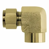 This brass compression fitting elbow connects 1/8 in OD tubing to 1/8 in FNPT pipe threads. It features a double-ferrule design for leak-resistant connections in industrial fluid systems. Cleaned and bagged for immediate use. Compatible with Parker CPI fittings