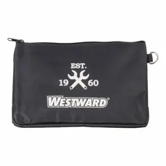 Black polyester flat zippered tool bag with one inside pocket. Measures 12 inches wide by 1/4 inch deep by 7 3/8 inches high. Suitable for organizing and carrying small tools, parts, or instruments in a compact, portable format.