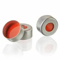 This 11 mm diameter silver aluminum crimp cap includes a PTFE closure liner and a septum. It is designed for sealing laboratory bottles, vials, or sample containers, providing a leak-resistant closure for storage or transport of liquids or solids