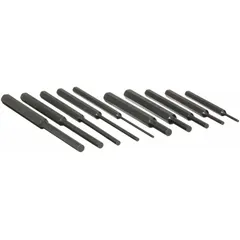 This 10-piece drive pin punch set includes tip diameters of 1/4 in, 1/8 in, 3/8 in, 3/16 in, and 5/16 in. Punches are constructed from SAE steel. Used for removing roll pins, dowel pins, and similar fasteners in assembly, maintenance, and repair tasks.