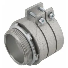Straight squeeze connector for terminating flexible metal conduit to enclosures. Made of iron, non-insulated, 3-inch trade size. Squeeze clamp style provides secure, vibration-resistant connection without additional locknuts. cULus Listed.