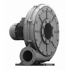 This direct-drive high-flow turbo blower delivers 1.2 hp output power with a maximum operating pressure of 10.9 in wc. It is designed for three-phase operation at 460V AC. Typical applications include pneumatic conveying, aeration, vacuum lifting, and drying systems in industrial settings.