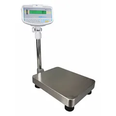 This bench scale features a column-mounted indicator for easy reading and a stainless steel weighing surface. It offers a readability of 0.004 lb/2 g and includes an RS-232 port for data communication. Typical applications include industrial weighing tasks in manufacturing, packaging, and quality control environments.