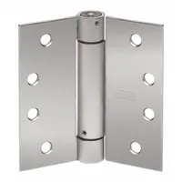 This full mortise-mount spring hinge is made of stainless steel with an overall height of 4 in. It is designed for self-closing doors in industrial and commercial settings, such as kitchens, warehouses, and high-traffic areas, to ensure doors return to a closed position automatically