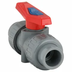 This two-way ball valve is made of CPVC with a straight body and standard port ball port. It features socket x FNPT connections and a lever handle for manual operation. Used to start, stop, or redirect flow in CPVC piping systems.