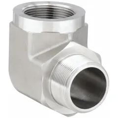 90° pipe elbow for changing fluid direction in high-pressure piping systems. Features 1 1/2 in male NPT threaded x female NPT threaded connections with a pressure rating of 1500 psi. Suitable for hydraulic, pneumatic, and process piping applications.