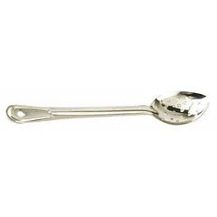 This 13-inch serving spoon is made of stainless steel with a silver finish. It is designed for basting and serving tasks in food service environments. Not NSF certified.