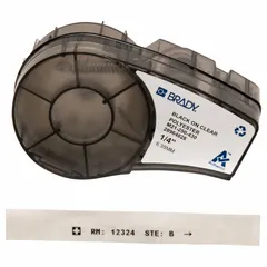 Combined label and ribbon cartridge for BMP21-PLUS printers. Contains 21 ft of autoclavable polyester, black on clear, 1/4 in width. Designed for labeling 0.5 mL vials and tubes in laboratory and healthcare settings requiring sterilization resistance.