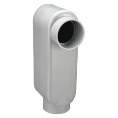This LB-type 90° elbow conduit outlet body is made of PVC and includes a gasket, lid, and screws. With a 3/4 in hub size and 6.5 cu in body capacity, it provides a pull point for wire installation and splicing in PVC conduit runs. Suitable for use in electrical raceway systems where a non-metallic fitting is required.
