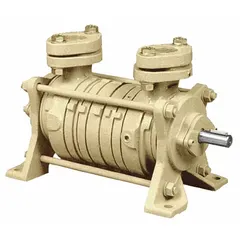 2-stage monoblock liquid ring vacuum pump with 100 cfm capacity, 2 hp motor, and maximum vacuum of 28 in Hg. Constructed with cast iron and bronze. Suitable for industrial vacuum applications such as filtration, drying, and material handling.