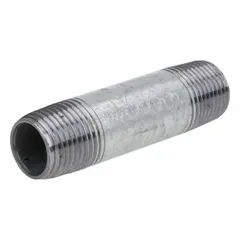 Schedule 40 galvanized steel pipe with male NPT threads on both ends and pre-applied PTFE thread sealant. Welded construction rated for 125 psi at 72°F. Used for connecting fittings in low-pressure plumbing and fluid systems.