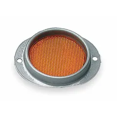 Round amber mounted reflector with acrylic lens. Measures 4 11/16 in overall length and 3/4 in overall width. Meets SAE A standards for visibility. Suitable for use on trailers, trucks, and heavy equipment to enhance conspicuity in low-light conditions.