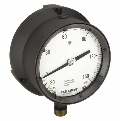 ASHCROFT Process Pressure Gauge: 0 psi to 150 psi, White, 4 1/2 in Dial, 1/2 in NPT Male - Vibration-Resistant Brass/Bronze Wetted Parts & Plastic Casing