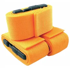 Polypropylene double-adjust strap in orange, 5 ft length, with plastic buckle. Used for securing patients on backboards and stretchers in emergency medical settings.