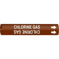 Snap-on pipe marker for identifying pipes carrying chlorine gas. Brown background with white legend and directional arrows. Fits pipe outer diameters from 1-1/2 to 2-3/8 inches. Used in industrial piping systems to indicate contents and flow direction