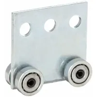 Steel trolley with silver electroplated finish. Overall length 3 1/2 in, width 1 5/16 in, thread size 9/16 in. Used in overhead material handling systems to suspend and move loads along a track